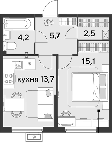 1-комн., 41.2 м², 2/9 этаж, ЖК «Парк Победы»