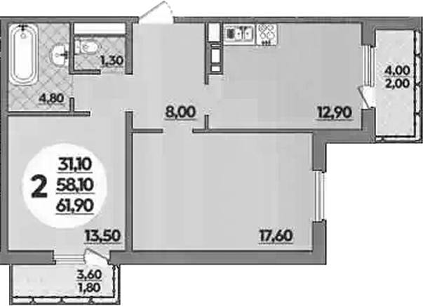 2-комн., 58.1 м², 12/18 этаж, ЖК «Парк у дома»