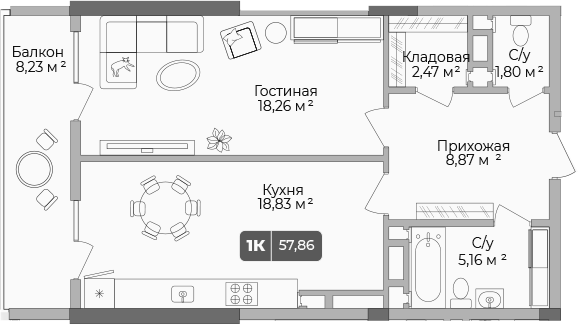 1-комн., 55.39 м², 4/17 этаж, ЖК «Золотой берег. СЗ Среда»