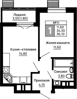 1-комн., 34.3 м², 7/16 этаж, ЖК «Традиции»