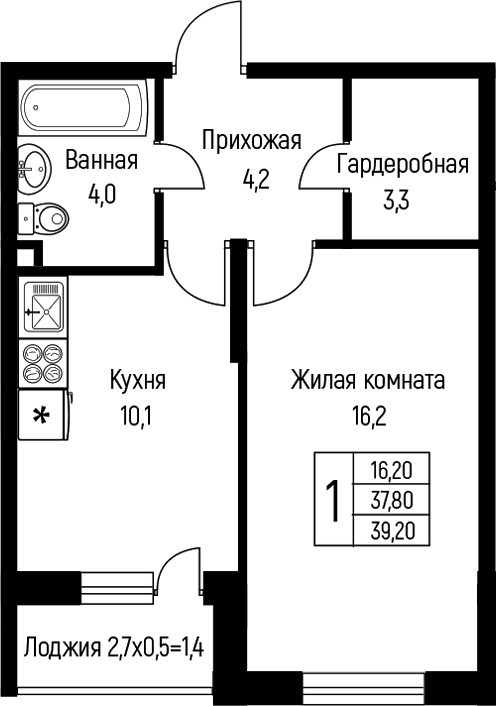 1-комн., 37.8 м², 1/3 этаж, ЖК «Nova Vita»
