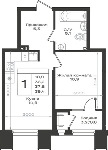 1-комн., 36.2 м², 2/14 этаж, ЖК «Нагория»