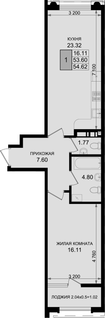 Продается 1-комн. квартира, 53.6 м²