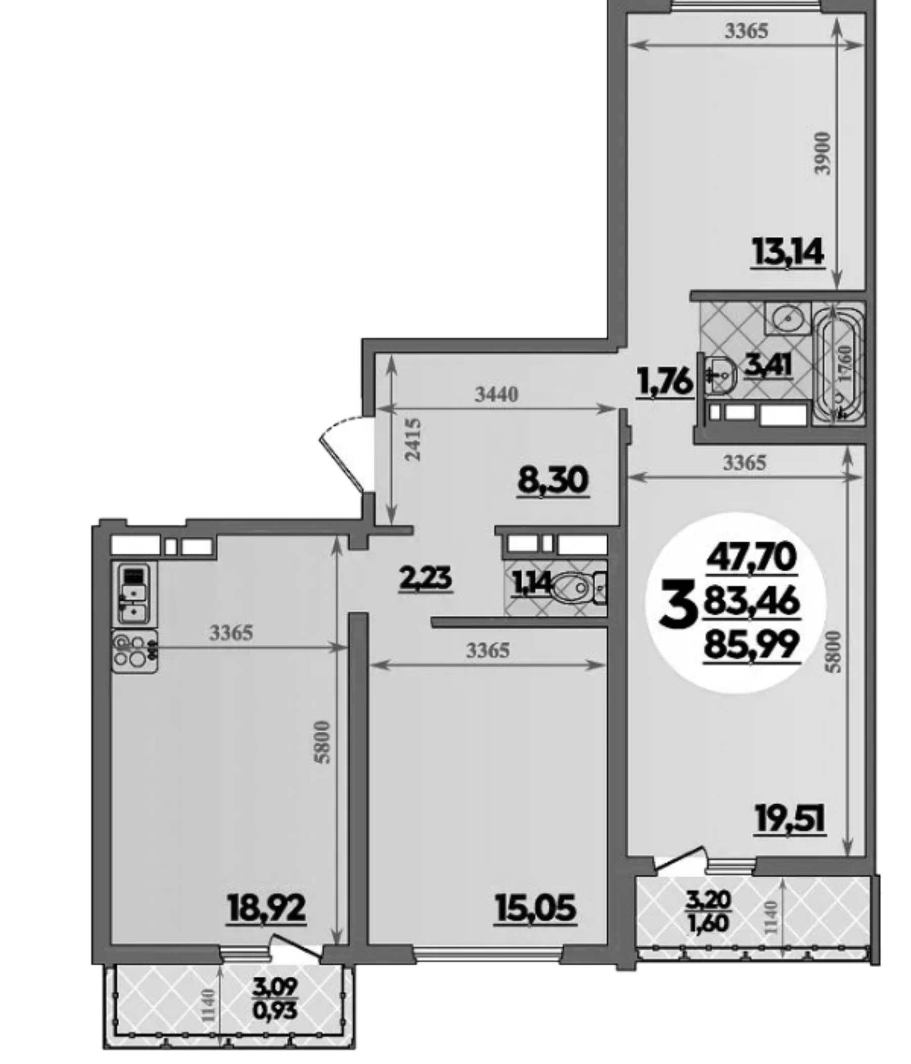 3-комн., 83.46 м², 13/16 этаж, ЖК «Город у моря»