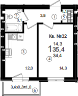 Продается 1-комн. квартира, 34.4 м²