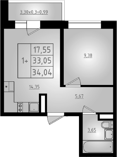 2-комн., 33.05 м², 3/8 этаж, ЖК «Мега 2»
