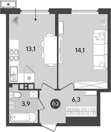 1-комн., 37.4 м², 6/18 этаж, ЖК «Порто-Ново»