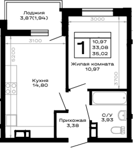 1-комн., 33.08 м², 4/16 этаж, ЖК «Горные высоты»
