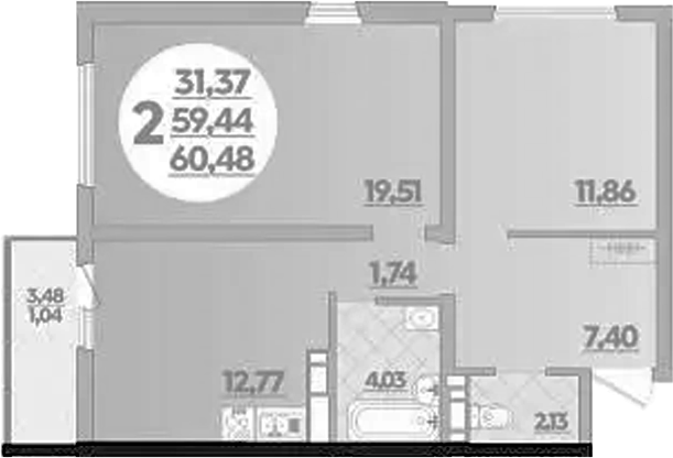 2-комн., 59.44 м², 3/9 этаж, ЖК «Предгорье Лаго-Наки»