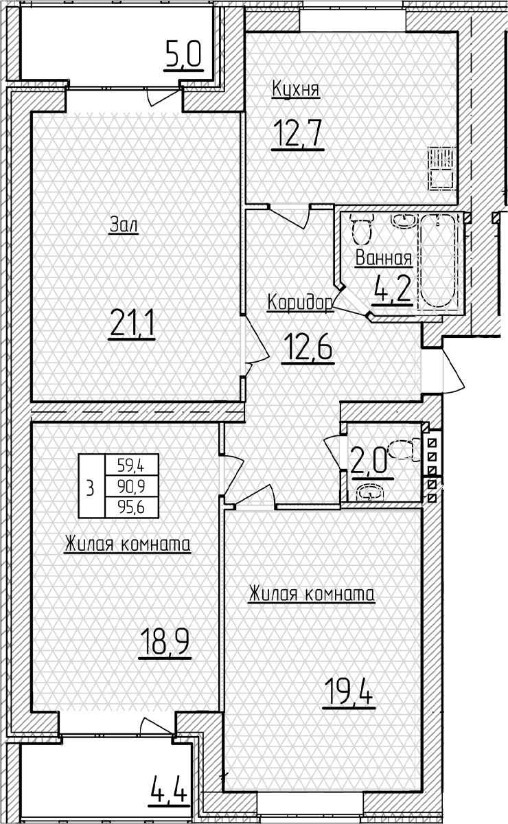 3-комн., 90.9 м², 3/5 этаж, ЖК «Фестивальный»