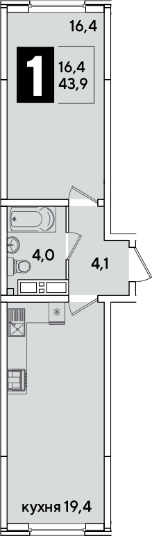 2-комн., 43.9 м², 14/16 этаж, ЖК «Самолет»