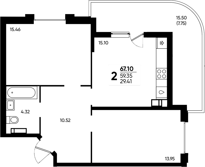 Продается 2-комн. квартира, 59.35 м²