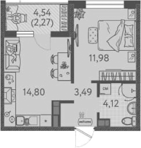 1-комн., 34.39 м², 7/9 этаж, ЖК «Друзья»