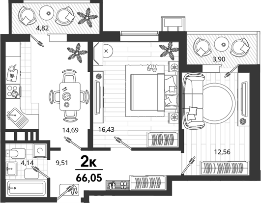 2-комн., 57.33 м², 8/9 этаж, ЖК «Родные Просторы»