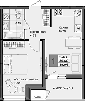 1-комн., 36.6 м², 3/8 этаж, ЖК «МОНО квартал»