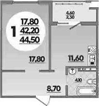 1-комн., 42.2 м², 9/16 этаж, ЖК «Горгиппия»
