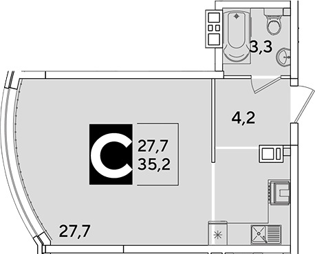 Студия, 35.2 м², 8/16 этаж, ЖК «Самолет»