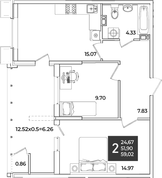 2-комн., 52.76 м², 7/18 этаж, ЖК «Образцово»