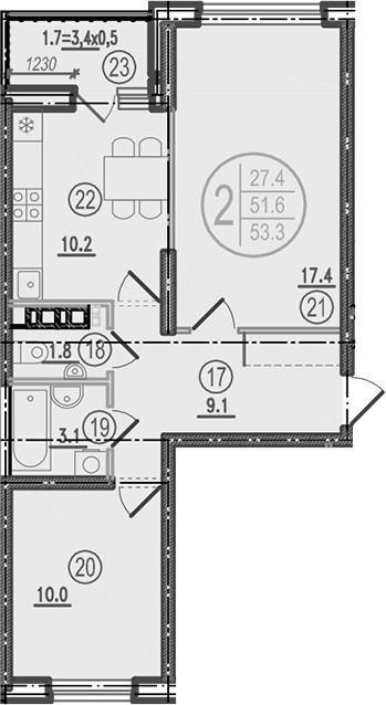 2-комн., 51.6 м², 9/9 этаж, ЖК «Спортивная деревня»