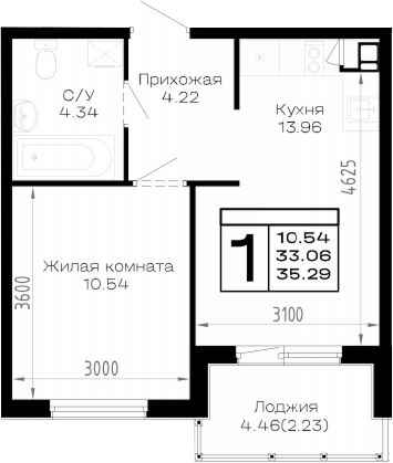 1-комн., 33.06 м², 4/4 этаж, ЖК «Усадьба Гостагаевская»