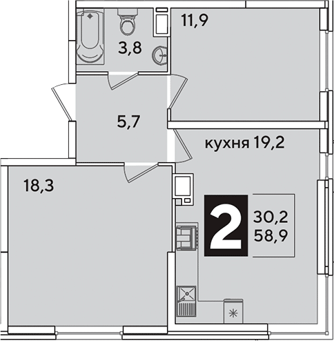 3-комн., 58.9 м², 13/16 этаж, ЖК «Самолет»