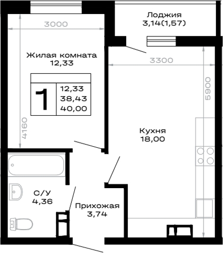 1-комн., 38.43 м², 6/14 этаж, ЖК «Горные высоты»