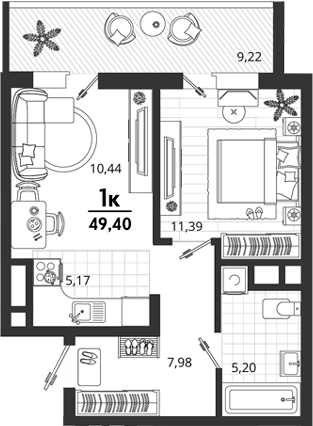 1-комн., 40.18 м², 10/18 этаж, ЖК «Родные Просторы»
