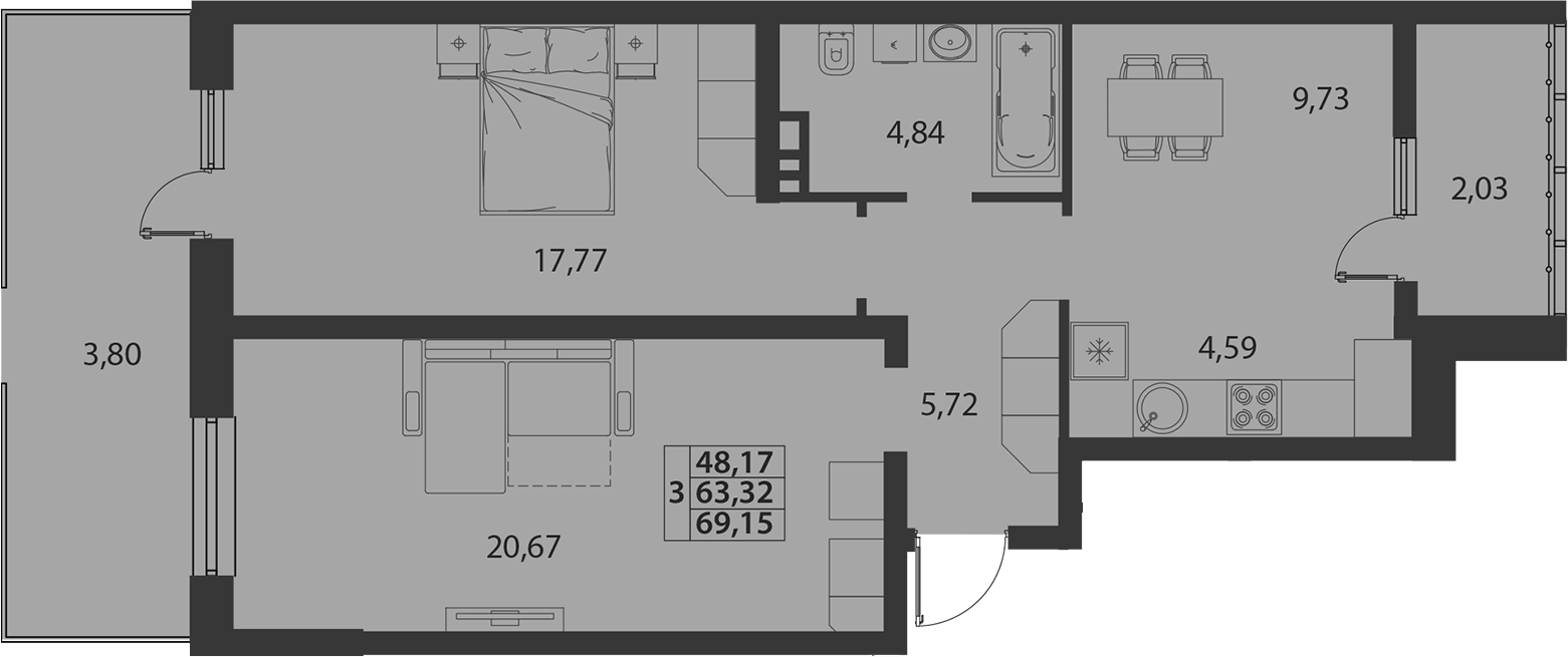 2-комн., 63.32 м², 1/7 этаж, ЖК «жилой квартал «Белые Росы (Динская)»»