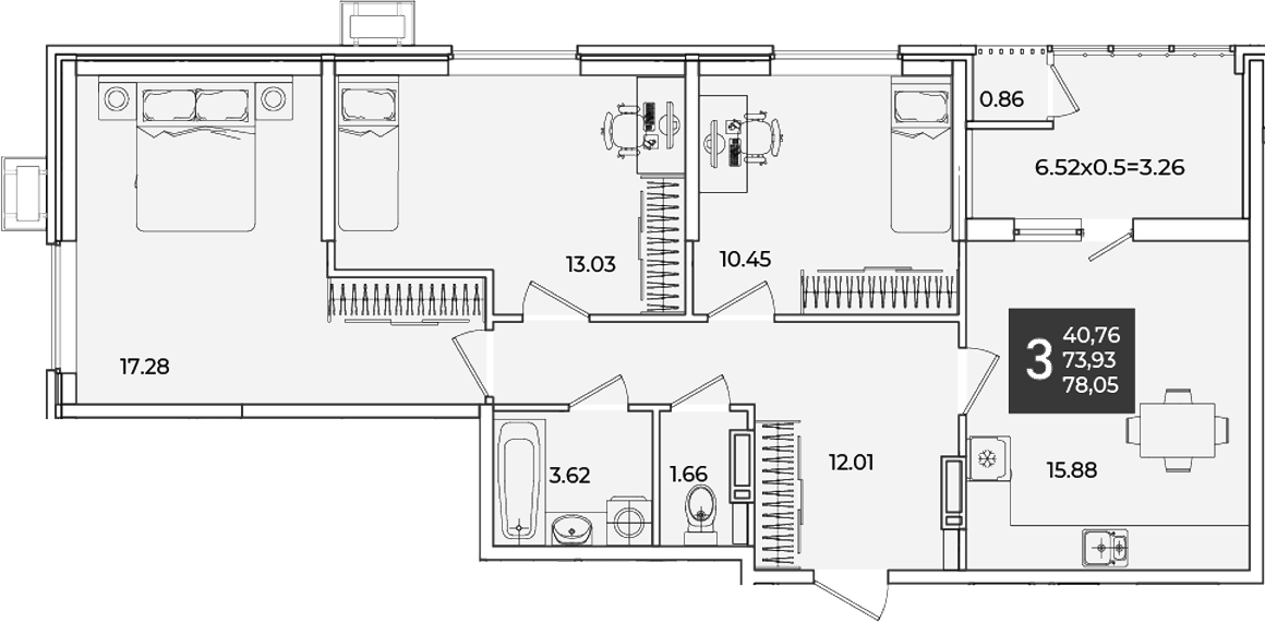 3-комн., 73.93 м², 9/18 этаж, ЖК «Образцово»