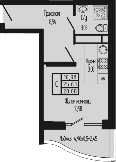 Студия, 25.63 м², 3/12 этаж, ЖК «Sun Hills Ольгинка»