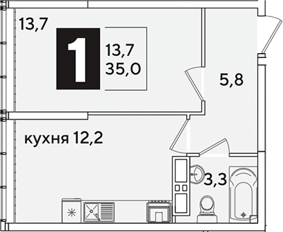 1-комн., 35 м², 15/16 этаж, ЖК «Самолет»