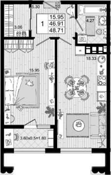 1-комн., 46.91 м², 5/8 этаж, ЖК «Резиденция морей»