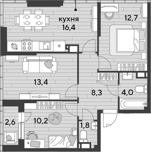 3-комн., 66.8 м², 16/16 этаж, ЖК «DОГМА ПАРК»
