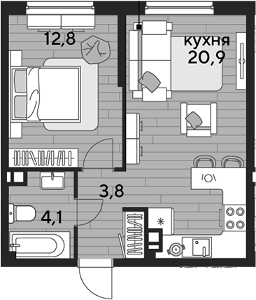 1-комн., 41.6 м², 5/16 этаж, ЖК «DОГМА ПАРК»