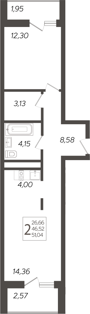 2-комн., 46.52 м², 5/19 этаж, ЖК «Кислород»