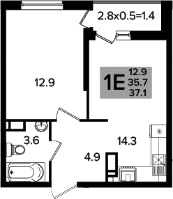 1-комн., 35.7 м², 10/16 этаж, ЖК «Сармат»