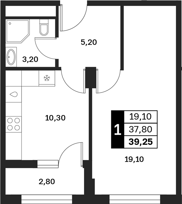 1-комн., 37.85 м², 2/9 этаж, ЖК «Аксис Патриот»