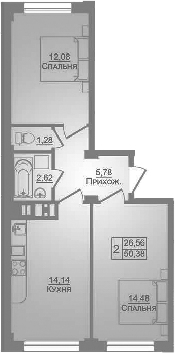 Продается 2-комн. квартира, 50.38 м²