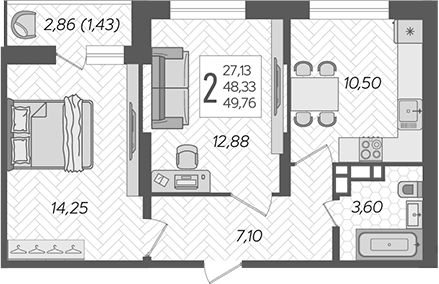 2-комн., 48.33 м², 12/16 этаж, ЖК «Смородина»