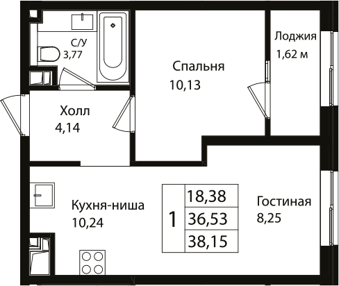 2-комн., 36.53 м², 9/9 этаж, ЖК «Патрики»
