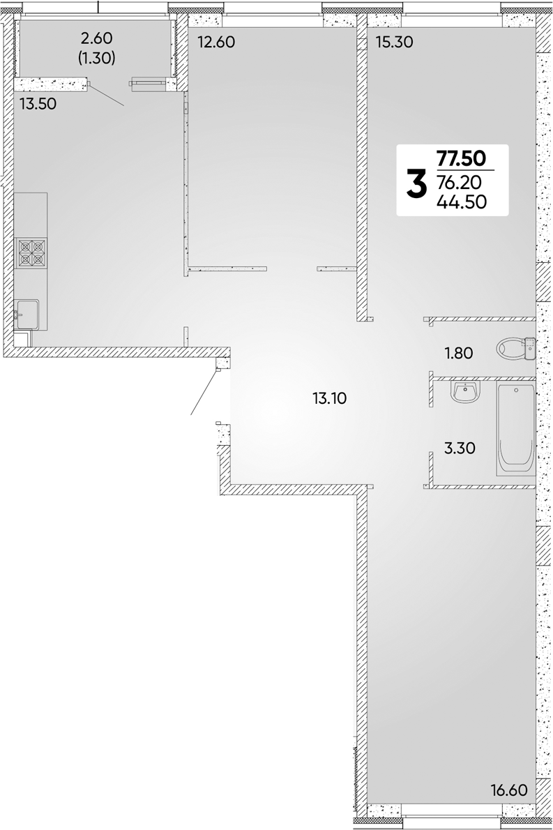 3-комн., 76.2 м², 2/9 этаж, ЖК «Архитектор. ГК ЮгСтройИнвест»