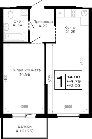1-комн., 44.79 м², 2/4 этаж, ЖК «Усадьба Гостагаевская»