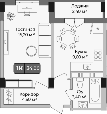 1-комн., 32.8 м², 1/9 этаж, ЖК «Опера»