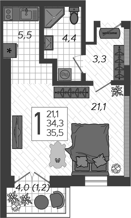 Студия, 34.3 м², 12/12 этаж, ЖК «Летний»