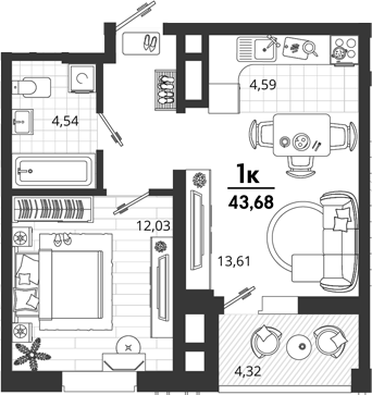 1-комн., 39.36 м², 13/18 этаж, ЖК «Родные Просторы»