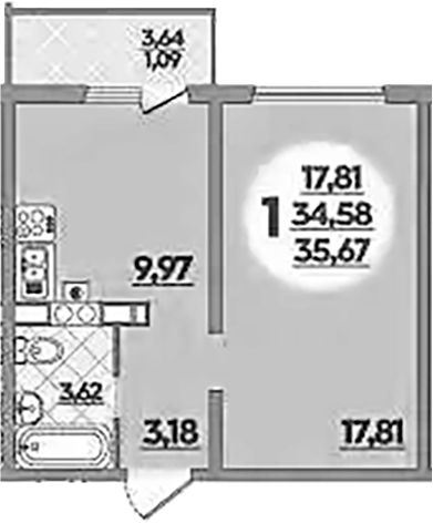 1-комн., 34.58 м², 1/5 этаж, ЖК «Тихорецк»