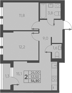 2-комн., 53.5 м², 3/15 этаж, ЖК «Барса»