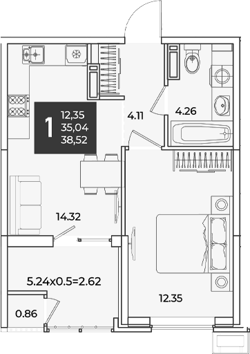 1-комн., 35.04 м², 14/18 этаж, ЖК «Образцово»