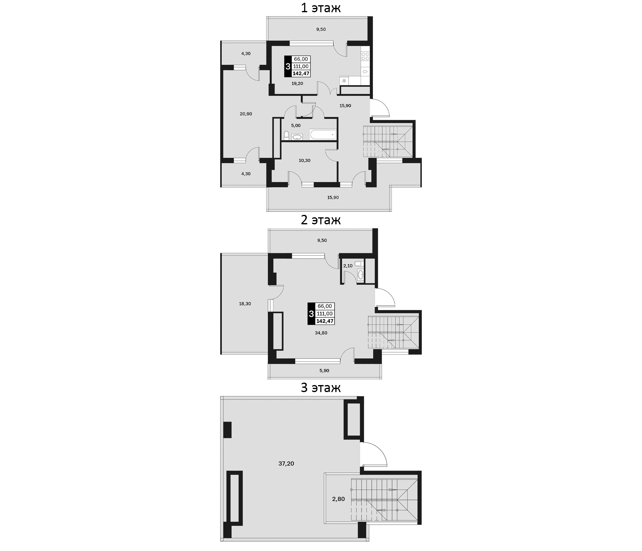 3-комн., 111 м², 12/14 этаж, ЖК «Аксис Патриот»