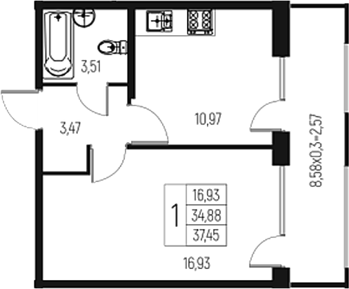 Продается 1-комн. квартира, 34.88 м²